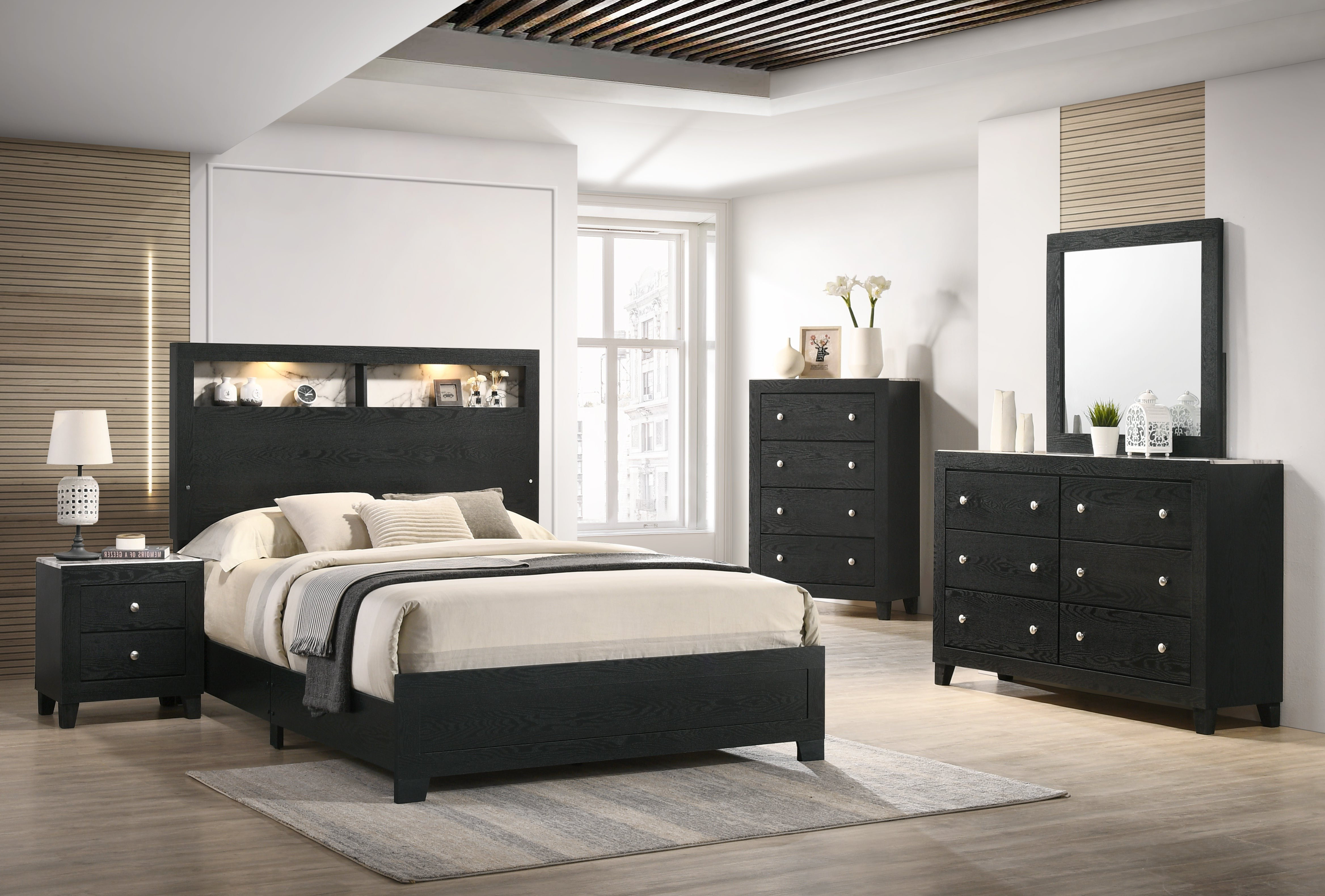 Ebern Designs Verville Black LED Panel Bedroom Set Special Queen 3 Piece Bed 2 Nightstands Wayfair Canada